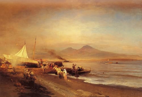 Peinture Poster la baie de Naples Oswald Achenbach Décoration Maison 60x90cm