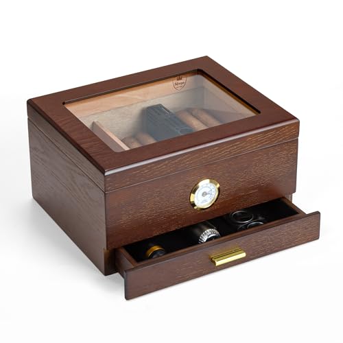 Slege Humidor de Puros, Humidor Puros Cubanos, Humidor con Cajón y Tapa de Cristal, Estuche Puros de Cedro Español, Humidificador, Divisor, Higrómetro, Regalo Hombres, Accesorios Puros