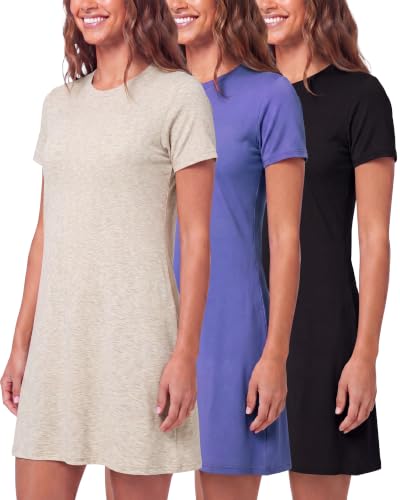 Image of Real Essentials 3 Pack: Women's Short Sleeve T Shirt Dress Swing Loose Casual Lounge Everyday Outfit (Available in Plus)