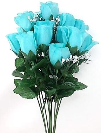 19" Rose Bud Bush Artificial Silk Wedding Craft Flowers Home Decor 14 Heads (Aqua)