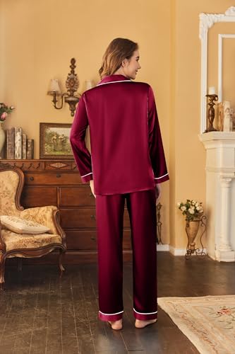Image of Ekouaer Women's Classic Button Down Long Satin Silk Pajama Set