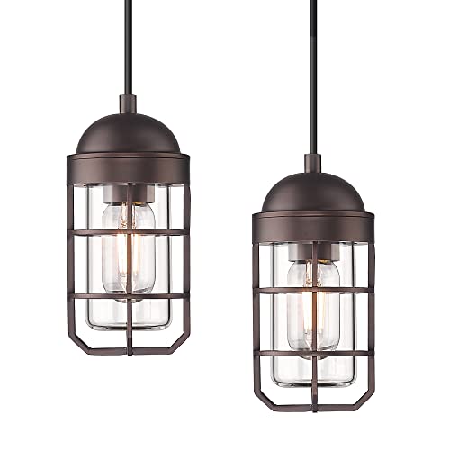 Emliviar 2 Pack Farmhouse Pendant Light Fixtures, Nautical Style Ceiling Hanging Light Fixtures For Kitchen Barn With Clear Tempered Glass, Oil Rubbed Bronze Finish, Ge255P-2Pk Orb #TOP14