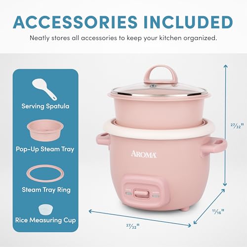 AROMA CoreCoat™ Mini Rice Cooker (3 Cups Cooked) with Nonstick Ceramic Pot Coating, Glass Lid, and Pop-Up Steamer Tray, 0.8 Quart by AROMA - Used condition - Image 5