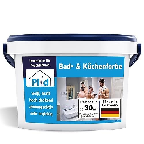 Plid® Bad und Küchenfarbe weiß für alle Wände [STARKER SCHIMMELSCHUTZ] - Anti Schimmelfarbe Innen Weiß für alle Wände - Antischimmelfarbe für Feuchträume & Badezimmer gegen Schimmel - Made in Germany