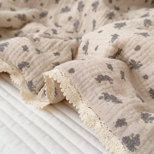 Image of BuLuTu Double-Layer Cotton Muslin Toddler Bed Blanket Lightweight Baby Quilt, Vintage Orchid Flower Print Crib Comforter with Chic Lace Edges, Soft Breathable Kids Blankets, 47x59 Inches