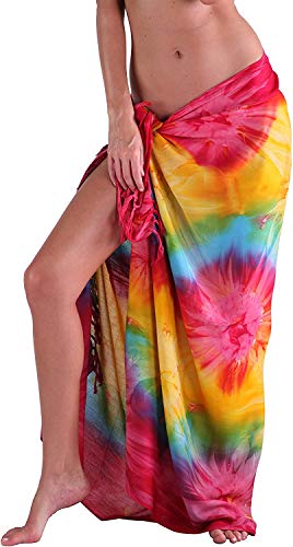 INGEAR Beach Long Batik Tie Dye Sarong Womens Swimsuit Solid Wrap Cover Up Dip Dye Pareo with Coconut Shell Included (Tie Dye Multicolor)