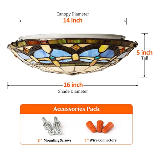 INFRONT Tiffany Ceiling Light Fixtures 3-Light, Flush Mount 16\" Wide Vintage Blue Stained Glass Lampshade Ceiling Lamp for Living Room, Bedroom, Foyer
