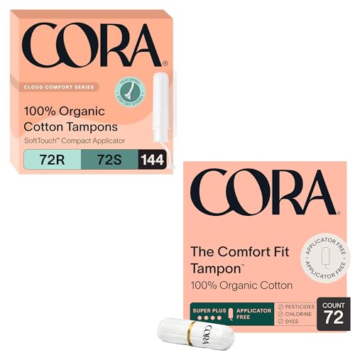 Cora Organic Feminine Care | Applicator and Non-Applicator Tampon Packs | Ultra-Absorbent, Unscented, Natural, Non-Toxic | 72 Regular, 72 Super, 72 Super Plus Tampons | Bundle Pack