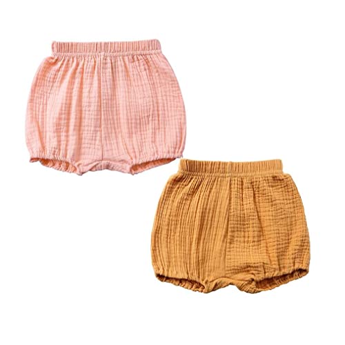 LNICEAR Toddler Baby Girls Boys Shorts Cotton Linen Blend Solid Color Bloomers Loose Harem Shorts 2pcs-Yellow,Pink 3-4 Years