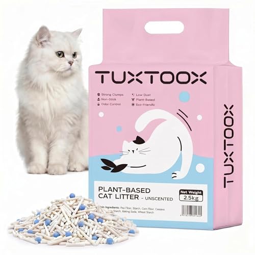 TUXTOOX Cat Litter Plant-Based Eco-Friendly Tofu Litter Fast Clumping Low Dust Superior Odor Control with Baking Soda Non-Stick and Flushable 2.5KG (Unscented)