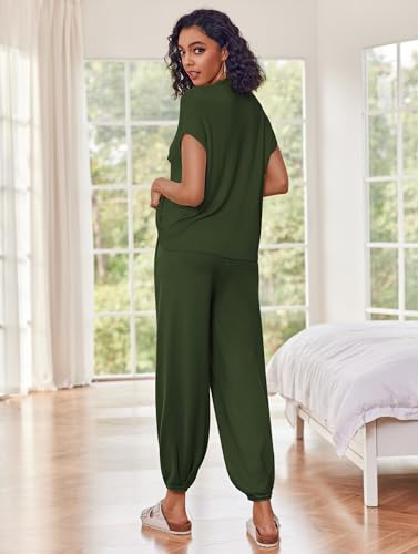 Image of Ekouaer Two Piece Outfits Lounge Sets for Women Sweater Sets Knit Short Sleeve Tops Jogger Pants Matching Tracksuit