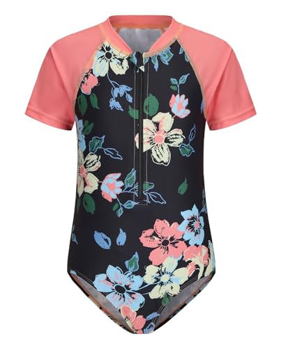 Image of Girls One Piece Swimsuits Short Sleeve Rash Guard for Girl Hawaiian Bathing Suit with Sun Protection Beachwear