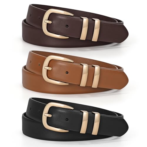 LEACOOLKEY 3 Pack Women Leather Belts for Jeans Gold Buckle Fashion Ladies Leather Belt for Dresses