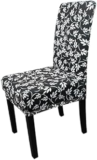 Printed High-Back Chair Covers for Dining Room Chairs – Spandex Stretch, Universal Armless Chair Protective Slipcover for Kitchen, Party, Banquet & Hotel, Floral Tropical Leaves - Black, Pack of 1