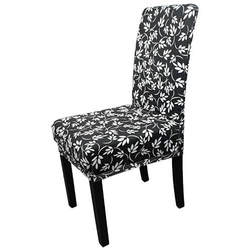 Printed High-Back Chair Covers for Dining Room Chairs – Spandex Stretch, Universal Armless Chair Protective Slipcover for Kitchen, Party, Banquet & Hotel, Floral Tropical Leaves - Black, Pack of 1