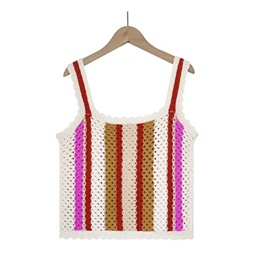 Camiseta de Punto sin Mangas para Mujer Camiseta de Tirantes de Ganchillo sin Mangas para Verano Elegante Camiseta de Tirantes con Bloques de Color Camiseta de Tirantes de Playa a Rayas Casual Tops