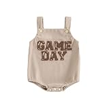 Dewadbow Newborn Football Outfit Boy Girl Football Game Day Embroidery Onesie Overalls Sleeveless Corduroy Romper Clothes (Beige, 0-3 Months)