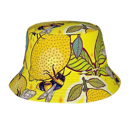 Chapeau cloche jaune imprimé citron et abeille pour homme et femme, chapeau de soleil amusant, chapeau de pêcheur en plein air, été, voyage, randonnée, noir, taille unique