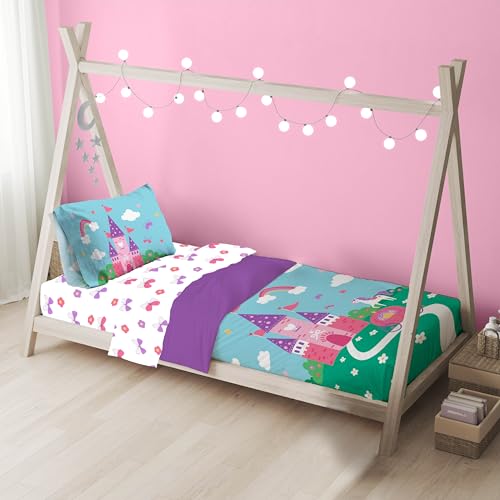 Image of Sunny Side Up Magic Castle Toddler Comforter Set - 4 Piece Preschool Bedding Includes Comforter, Sheets & Pillow Cover - Super Soft Floral Microfiber Bed Set