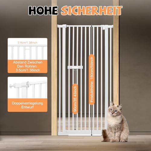 DunleyMin Schutzgitter für Haustiere Extra Hoch, Haustiergitter Extra Hoch mit Doppelverriegelung, 180° Türöffnung, Automatische Türschließung, Ohne Bohren (Weiß)