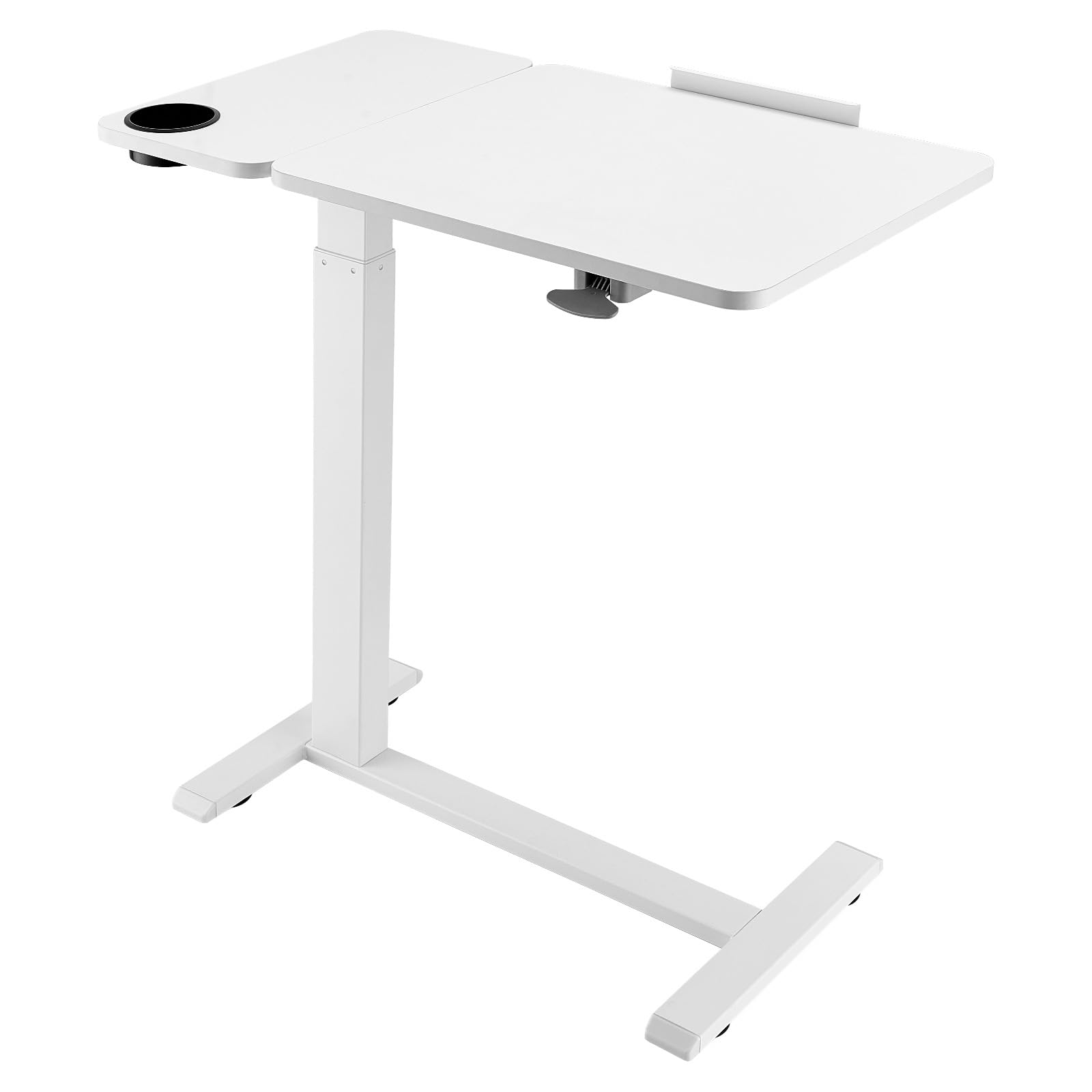 Happybuy Adjustable Overbed Table - White Mobile Workstation with Flip Top, 4 Hidden Wheels & Cup Holder, Height Adjustable from 25.4
