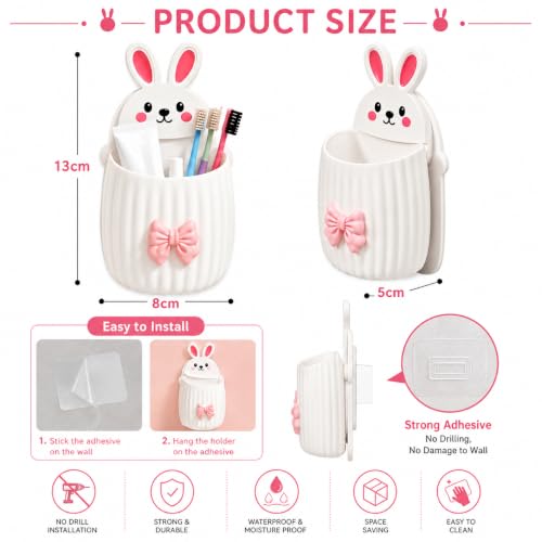 Image of Cute Rabbit Wall Mounted Toothbrush Holder | Self Adhesive Bathroom Organizer for Toothbrush, Toothpaste, Comb & Makeup Brushes | Bathroom Accessories for Kids & Home (Purple White Rabbit)
