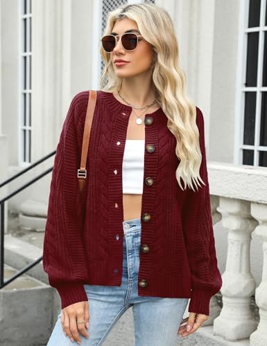 Rapbin Women's Cable Knit Cardigan Long Sleeve Open Front Button Up Knitwear Sweater Coat (Wine Red XL)2