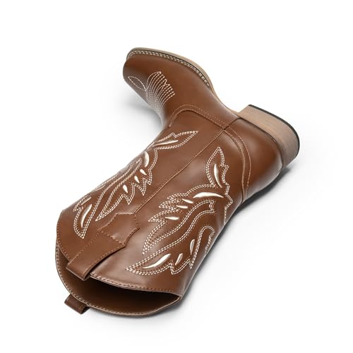 Image of DREAM PAIRS Women's Square Toe Cowboy Cowgirl Boots Pull On Low Chunky Heel Mid Calf Western Boots with Embroidered Stitched for Theme Party Country Concert