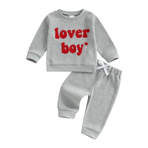 Image of Lesimsam Toddler Baby Boy St Patricks Day Outfit Letter Embroidery Long Sleeve Waffle Knit Sweatshirt and Pants Set