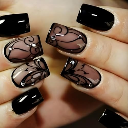 Black Press on Nails Medium Square Fake Nails with Black Vine Designs Dark Style Glue on Nails Press ons Acrylic False Nails Full Cover Stick on Nails for Women