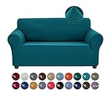 Joccun Stretch Loveseat Couch Cover, 1-Piece Water Repellent Sofa Cover for 2 Cushion Couch Spandex Jacquard Washable Furniture Protector Cover for Living Room,Kids,Pets（Loveseat,Peacock Blue）