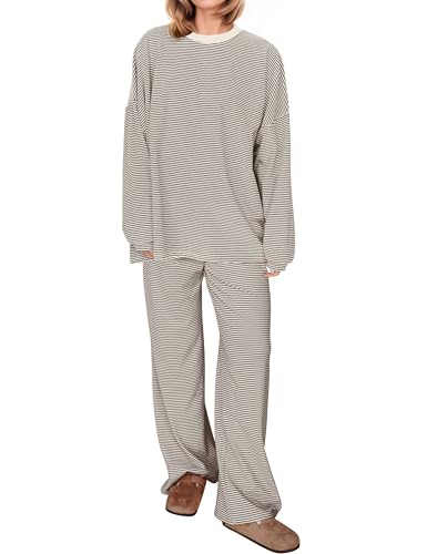 Image of MISSACTIVER Women's 2 Piece Striped Lounge Set Long Sleeve Oversized T-Shirt Wide Leg Pants Matching Pajamas Set