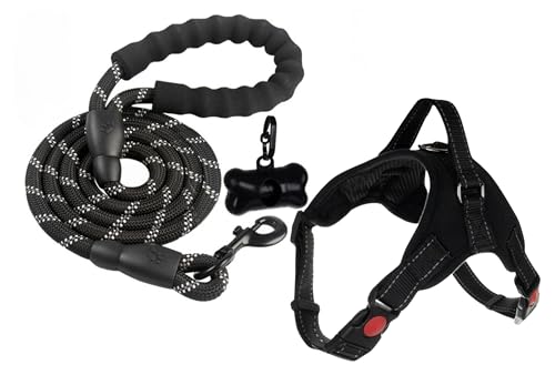 Arnés para Perro Mediano con Correa Reflectante de 3 Metros, Asa Acolchada y Cierres de Seguridad, Arnés Ajustable y Antitirones para Paseos y Entrenamiento, Negro