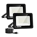 2 Pack Outdoor Flood Light, 5000LM Super Bright LED Work Light with 5.9FT Plug, IP65 Waterproof, 6000K Daylight White, 180Adjustable Bracket for Garage, Yard