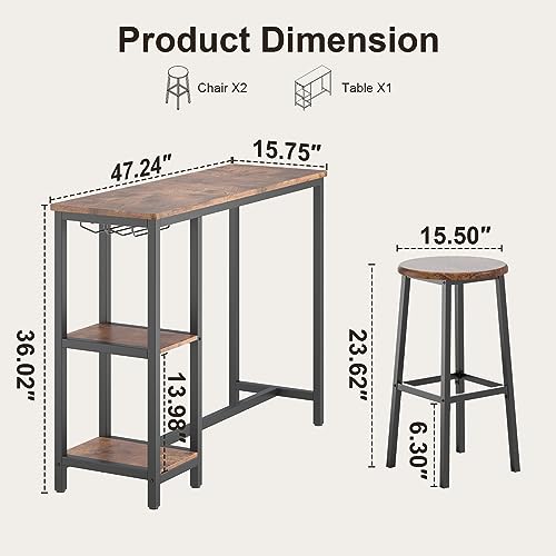 3-Piece Bar Table Set for 2, Bar Table with Stools & 2 Storage Shelves, Small Bar Table Set with Glass Rack, Small Kitchen Table for Dining Room, Living Room, Rustic Brown - Image 3