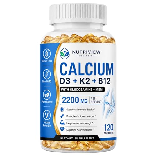 KBOWQ Nutriview Calcio D3 K2 B12 Softgels 2200mg Calcium Supplement with Vitamin K2 D3 B12 Glucosamine &Chondroitin Bone Teeth & Muscle Function Support Non-GMO 120 Softgels