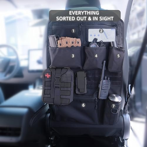 WHEELOJOY 7-Compartment Tactical Car Seat Back Organizer, MOLLE/Velcro Compatible, Waterproof, Ripstop 600D Polyester Fabric, Quick Adjust Buckle Straps for Universal Fit on Most Cars/Trucks/Jeeps