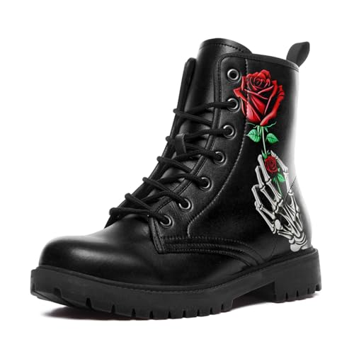 Image of Custom Black Combat Boots for Women Fashion Lace-Up Skull Rose Ankle Booties Chunky Heel Platform Leather Boots