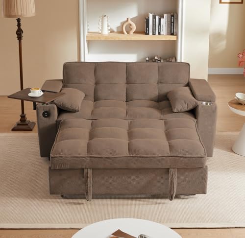 oaaktu ﻿ Large Size Convertible Sleeper Sofa Bed,Polka dot Velvet Pull Out Futon Couch with Storage handrails & Rotating Side Tables,Convertible Sofa Couch for Living Room,RV (Coffee)