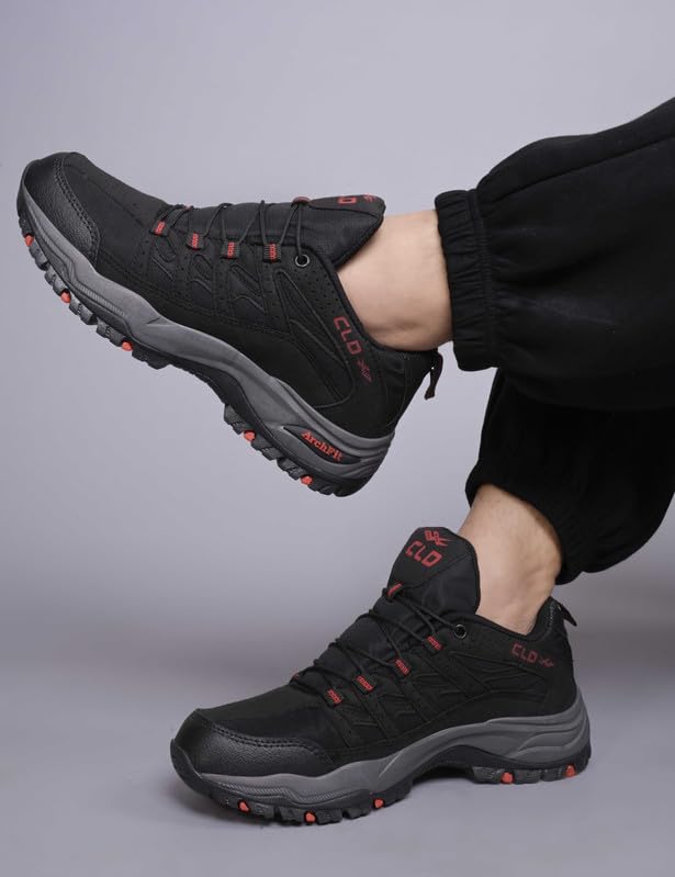 Image of CLD Trekking Shoes for Man Outdoor Hiking Shoes for Man high Neck Shoe for Men Anti Skid Trekking Boots Water Repellent Tracking Shoe for Men Breathable Hiking Boots (BLK-RED 6)