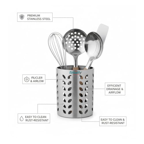 Image of FINALITY Stainless Steel Spoon Holder for Kitchen | Cutlery Stand | Spoon Holder for Kitchen Counter Top | 9 CM Cutlery Holder | Pen Holder for Dining Table | Spatula Holder| Pack of 1