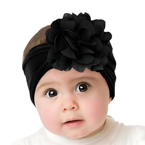 Image of SYGA Baby Headbands Nylon Flower Soft Stretchable Hairband for Newborn Infant Toddler Kids For 0-3 Year - Black