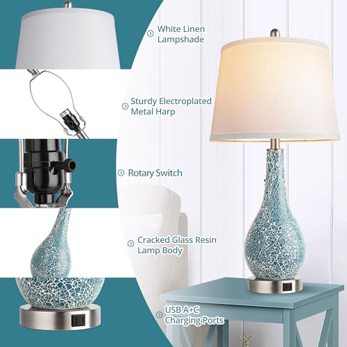 QiMH Blue Table Lamps for Bedroom Set of 2, Modern Bedside Lamp with USB A+C Ports, 26" Coastal Large Nightstand Lamp White Shade Living Room Lamps for Home Decor, LED Bulb Included - Image 6