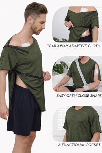 Image of Post Shoulder Surgery Shirts for Men Tear Away Recovery Short Sleeve Full Open Side Snap Chemo Adaptive Shirt