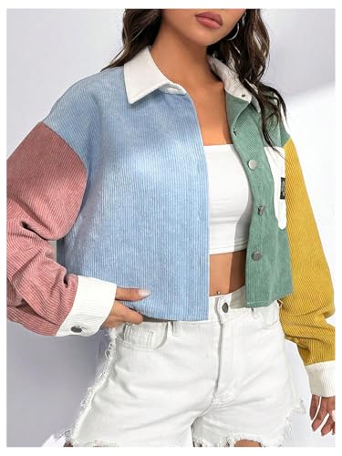 Women's Button Down Corduroy Crop Jacket Color Block Long Sleeve Cropped Coat Outwear2