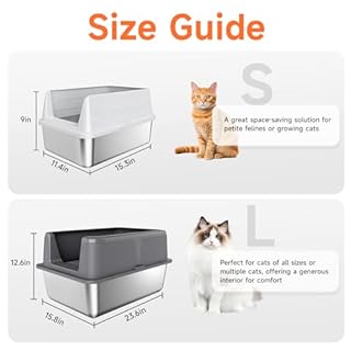 Stainless Steel Cat Litter Box, Odor Free Metal Litter Box with High Sides Lid, Open Top Low Entry Litter Pan Include Scoop Easy Cleaning Anti-Scratch Kitty Cat Box Anti-Urine Leakage, Non-Sticky, M