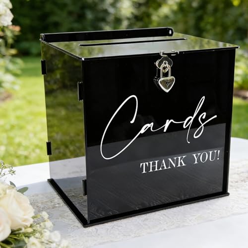 SOFARKKT Black Acrylic Card Box with Lock & Slot Gothic Wedding Card Boxes for Reception Money Envelope Cash Gift Minimalist Cards Box for Party Graduation Anniversary Funeral Memory Table Decor