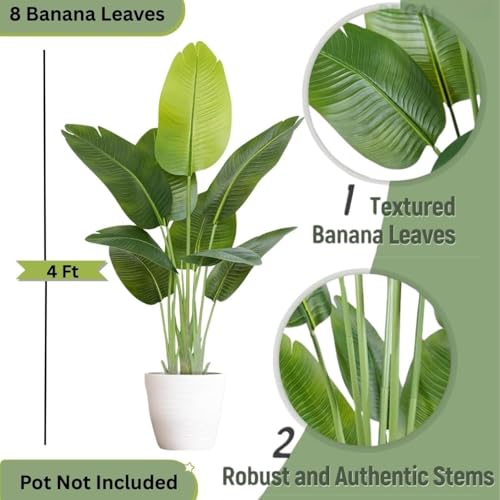 Image of Artificial Plant Tall Realistic Faux Green Plant for Indoor Outdoor Home Office Balcony Decor | No Maintenance (Banana 4Fit | Without Pot)