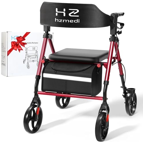 Andadores para personas mayores con asiento, andador plegable con aluminio duradero, doble altura ajustable, ruedas de 8 pulgadas para adultos, andador todo terreno, rojo azufaifo