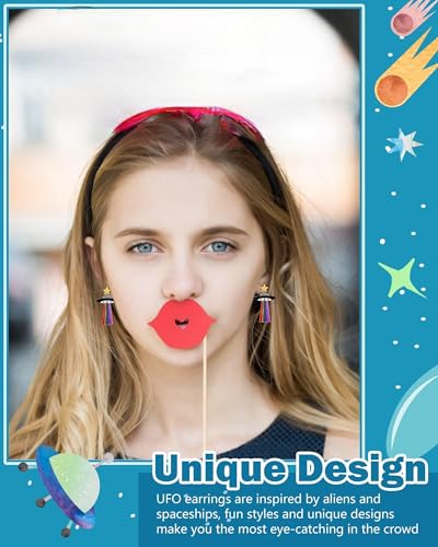 Yinkin 10 Pairs UFO Aliens Earrings for Women Space Weird Acrylic Earrings Flying Saucer Dangle Novelty Fun Glitter Cute Jewelry for Girls, Multiple Colors4